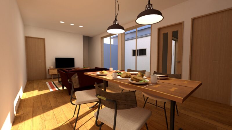 断熱等性能等級6（HEAT20 G2）を実現した大垣市の注文住宅LDKパース。大きな窓から光が差し込むパッシブデザインの空間。