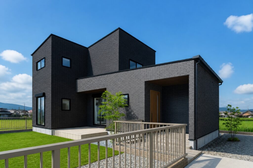 黒に近いダークグレーのタイル外壁の2階建て住宅の外観。2つの片流れ屋根のボリュームと、深い軒の玄関、芝の庭、青空と田園風景が広がる。