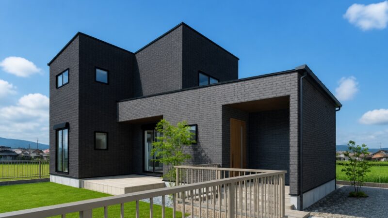 黒に近いダークグレーのタイル外壁の2階建て住宅の外観。2つの片流れ屋根のボリュームと、深い軒の玄関、芝の庭、青空と田園風景が広がる。